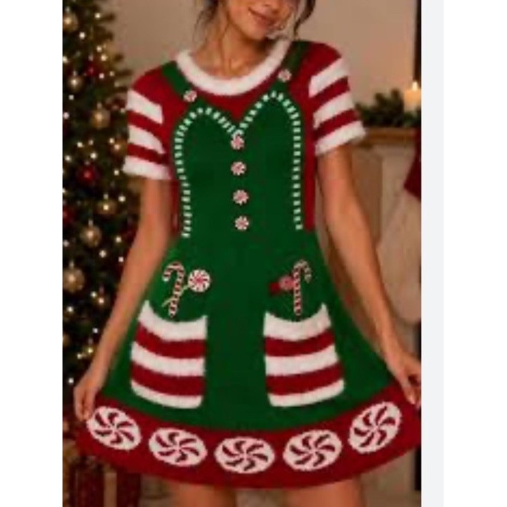 Christmas Candy Cane Peppermint Knit Holiday Costume Elf Knit Dress Size Small